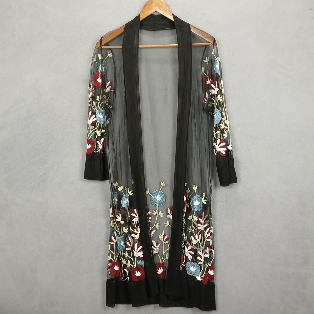 Women Duster Cardigan Sweater 0XL Black Floral Embroidered Mesh Beach Open Front